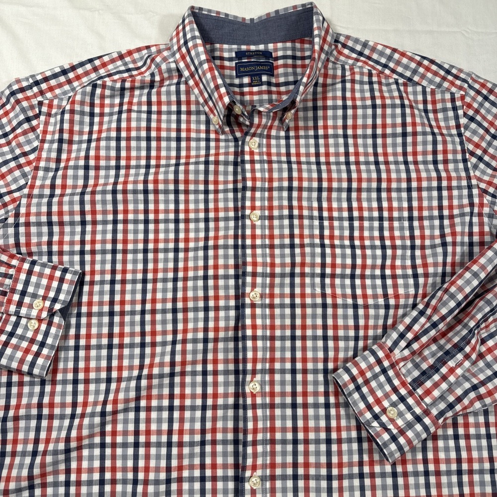 SHIRT Mason James MENS XXL Button Up  Red GRY Plaid L/S Stretch‎